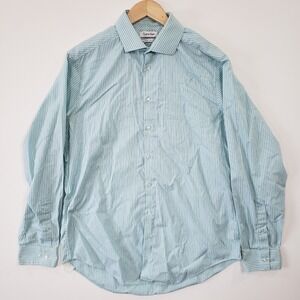 Calvin Klein Dress Shirt Mens Blue Striped Slim Fit Non Iron Long Sleeve Office
